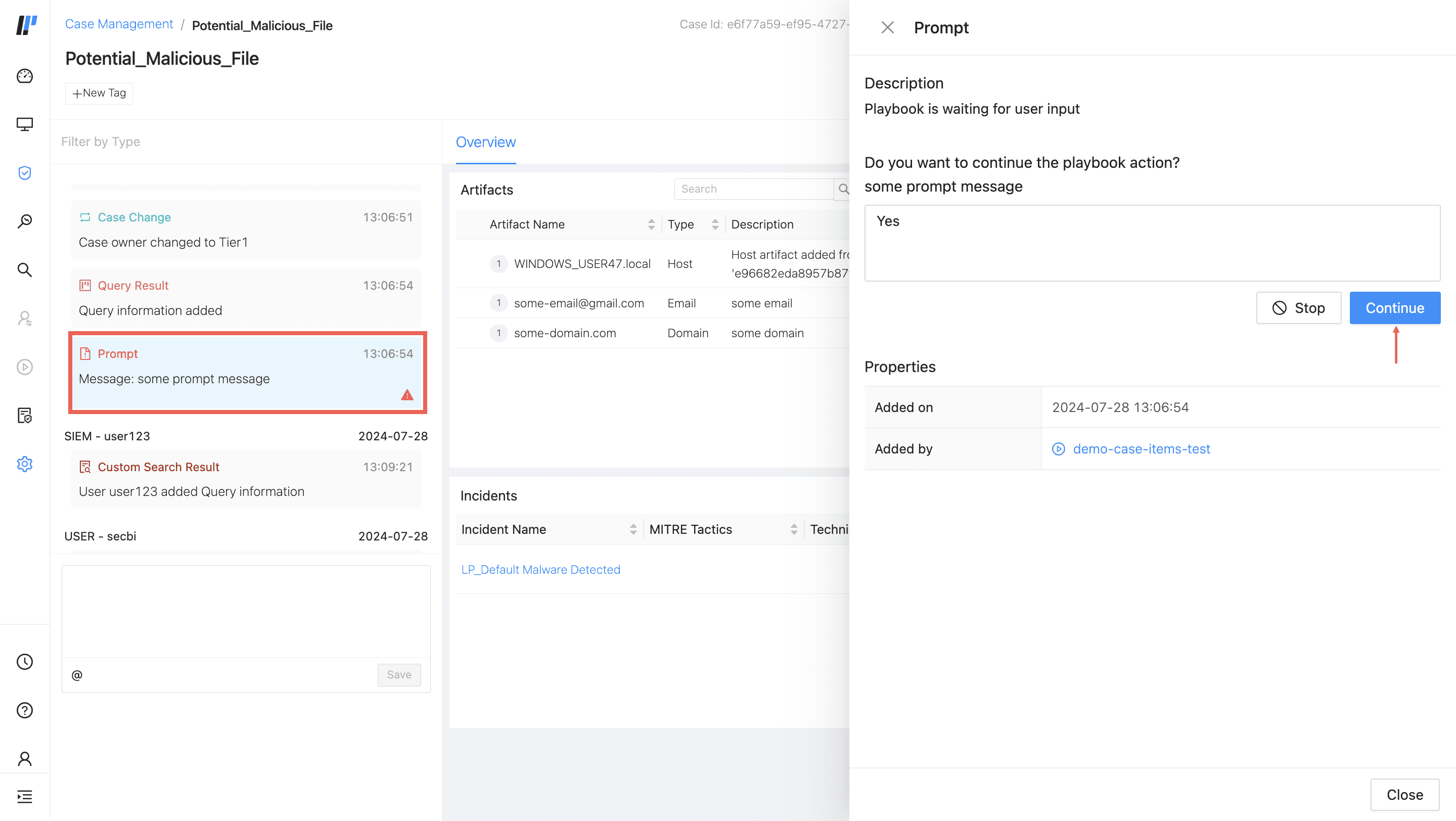 Case prompt Respond to a playbook prompt action directly from a case
